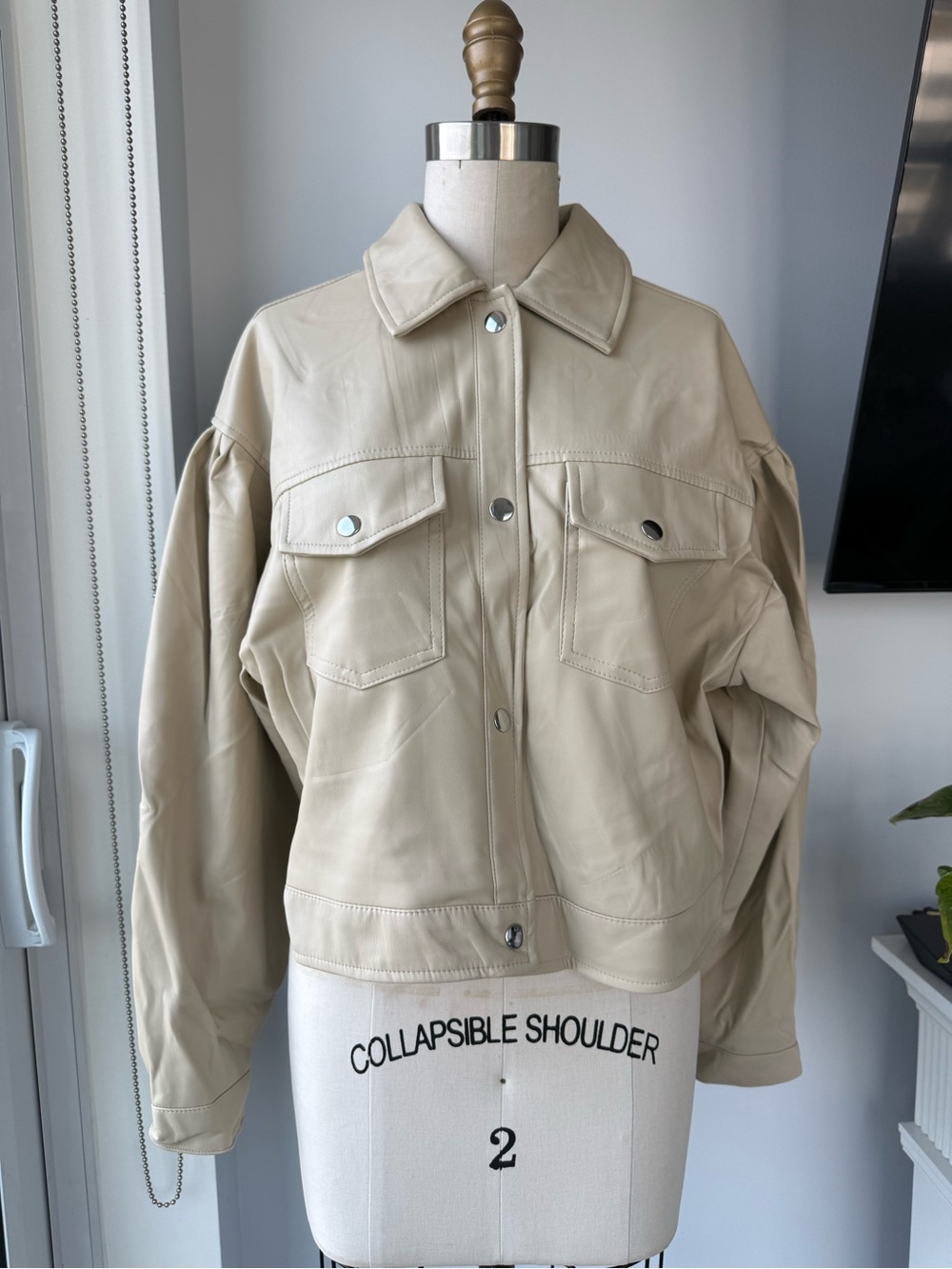 T Tahari Cream Faux Leather Snap-Front Jacket